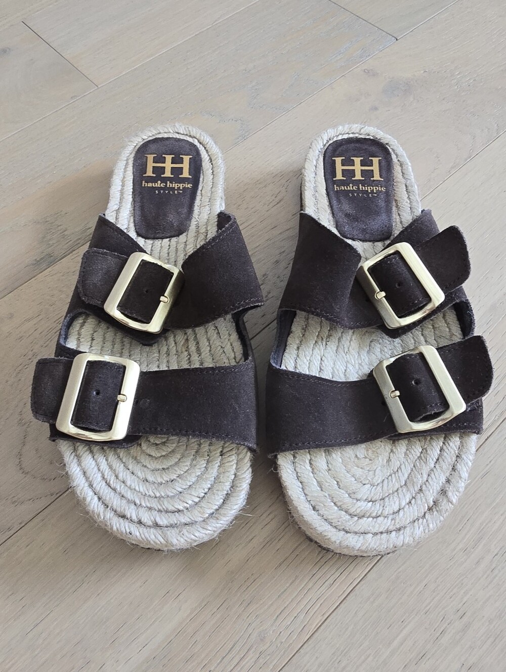 Haute Hippie Brown Suede Double Buckle Slide Sandals Leather Nikki